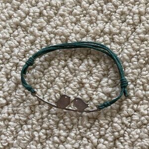 Adjustable Green Bracelet with Sparrows Birds Wrought Iron Corded EUC